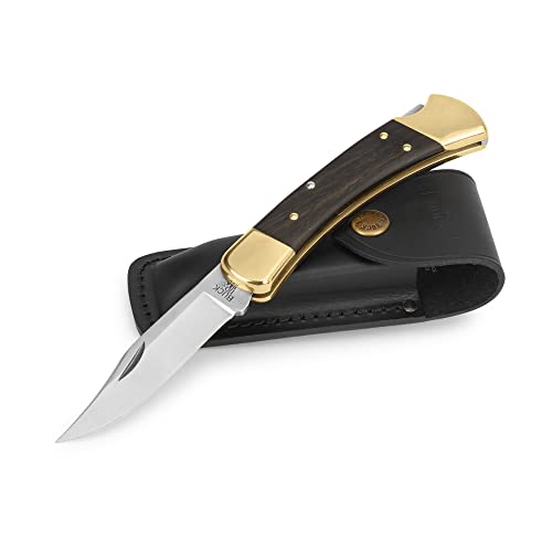 Buck Knives 110 Folding Hunter Lock-back Knife, Brass Bolsters, Ebony Handles, 3-3/4" 420HC Blade with Leather Sheath - Image 5