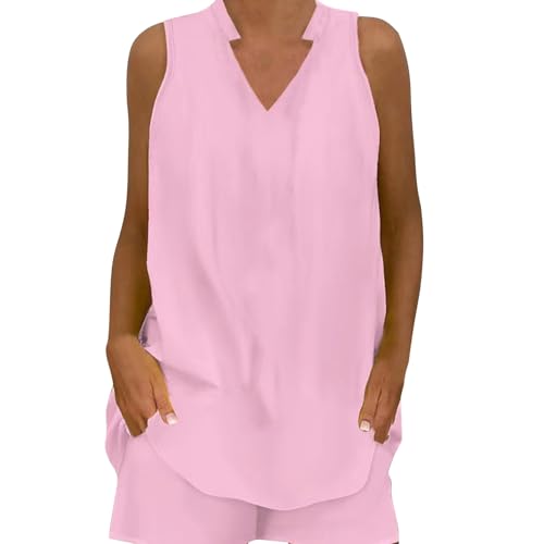 Women's Summer 2 Piece Outfits Summer Casual Sleeveless V Neck Tank Top Loose Shorts Sets Beach Vacation Loungewear
