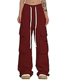 Bakyarder Women Cargo Pants Y2k Hip Hop Jogger Sweatpant Straight Wide Leg High Waisted Casual Pants Red