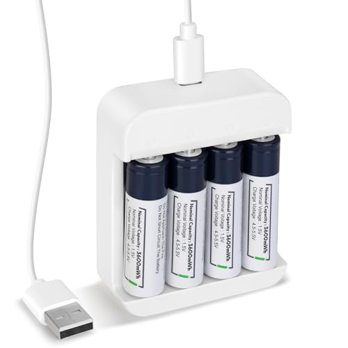 Baterías de litio recargables AA con cargador, 3600 mWh de alta capacidad 1.5 V AA baterías para cámara parpadeante (paquete de 4)