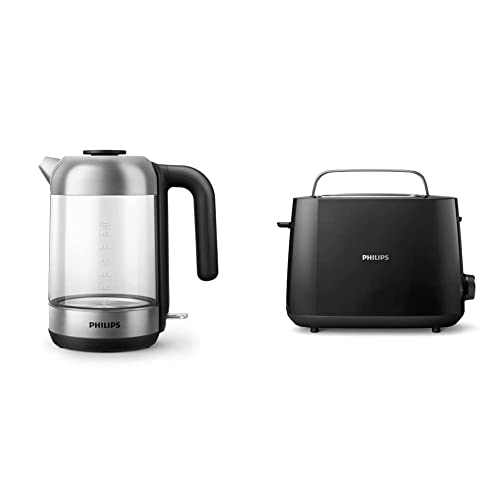 Philips Bouilloire Électrique - 1.7 L, Couvercle à Ressort et Voyant Lumineux, En Verre, Socle 360° (HD9339/80) & Grille-pain - 2 Fentes, 8 Réglages,...