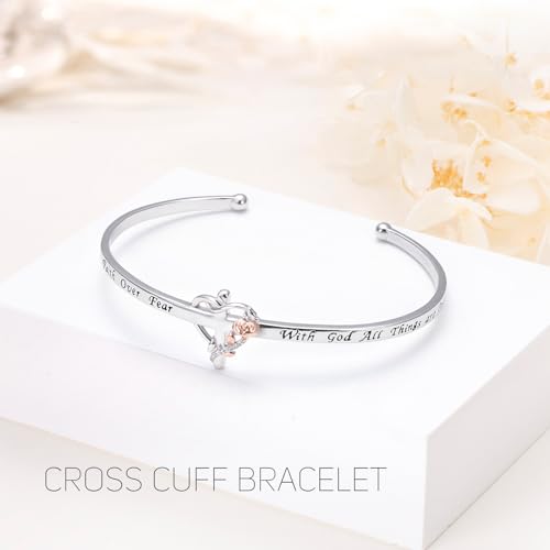 Ladytree Cross Cuff Bracelet for Women Faith over Fear Bangle 925 Sterling Silver with God All Things are Possible Christian Confirmation Jewelry Gift4