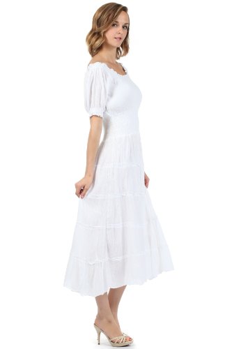 Image of Sakkas Cotton Crepe Smocked Peasant Gypsy Boho Renaissance Mid Length Dress