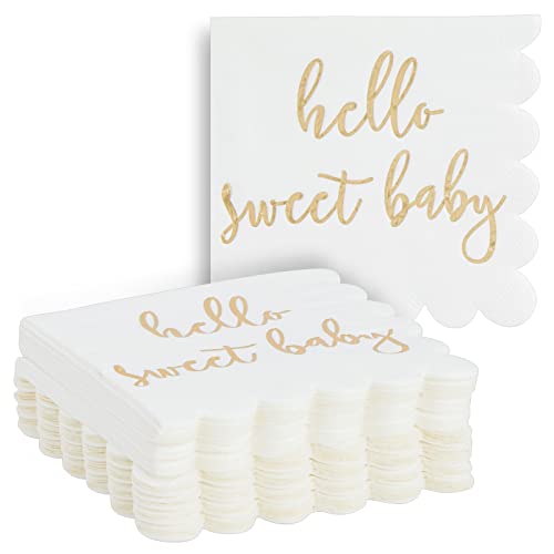 Juvale 50 Pack White Scalloped Baby Shower Napkins For Girls And Boys, Gold Foil Hello Sweet Baby Decorations (5 X 5 In) #TOP6