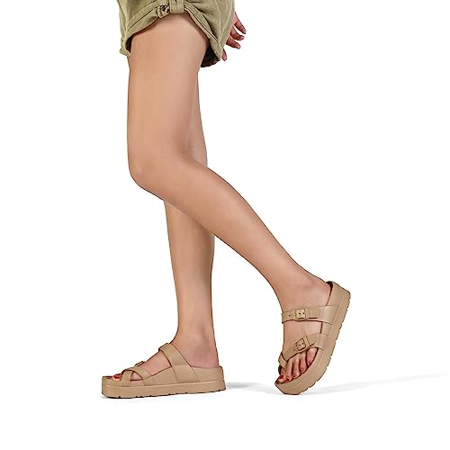 Image of TIKVAW Womens Arch Support Platform Sandals Comfort Slides Thick Soles Flat Sandals With Adjustable Buckle & Ultra Cushion