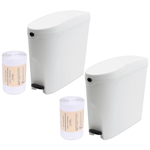 Pro Washroom Sanitary Bin 20L & 100 Bin Liners - Slimline Washrooms Toilets Hygienic Disposal Pedal Container Bins for Female Ladies and Baby Hygiene Products - 20 litres White (2 Pack)