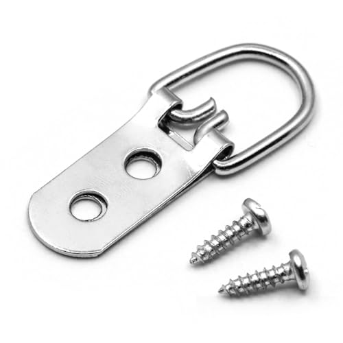 Image of 50 Pcs Picture Hangers Heavy Duty Metal D-Ring Wall Hanging Hook with Screws Double Hole Picture Hanging Hooks Photo Frame Hanging Hardware for Home Office