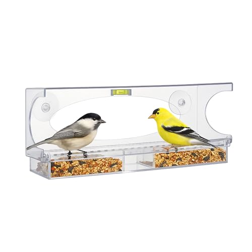 North States Nature's Yard Large Clear Choice Window Bird Feeder: Easy Fill and Clean. 2 Suction Cups, Sliding Tray and Level Indicator Included. 1 Pound Seed Capacity (4.25" x 15.5" x 5.5”, Clear)
