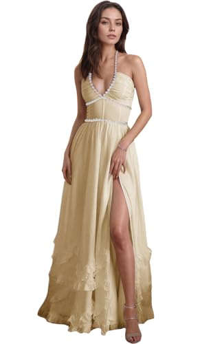 Floral Bridesmaid Dresses for Women Carmen Backless Formal Dress Chiffon Corset Ruffle High Slit Flowy Evening Prom Gown