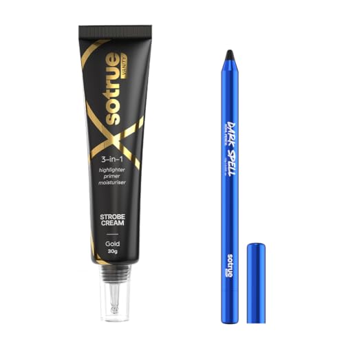 Image of Sotrue Dark Spell Kohl Kajal + Gold Radiance Multipurpose Strobe Cream Combo | 24H Smudgeproof Waterproof Kajal | Instant Golden Glow | Hydrating Primer, Highlighter & Makeup Duo