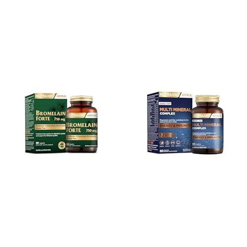 Nutraxin Bromelain Forte – 750 mg Bromelain, Yeşil Çay Ekstresi, Krom ve Probiyotik İçeren Tablet – 60 Tablet – Alerjen İçermez + Nutraxin Multi Mineral Complex | 12 Mineral İçeren Takviye | 60 Tablet