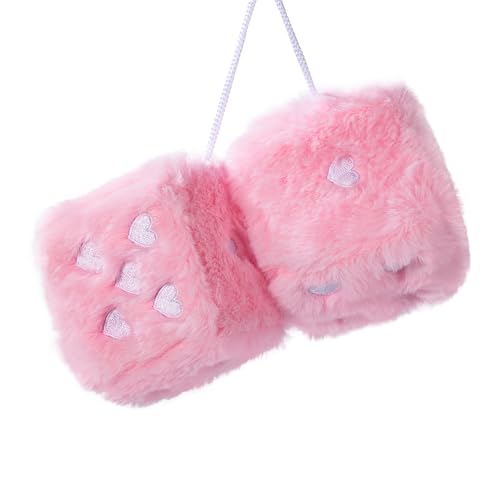 Heart Embroidered Baby Pink Fuzzy Plush Dice - 3-Inch Decorative Car Mirror Hanging Ornaments, Soft Foam, Easy Install, Great Gift Idea (Baby Pink)