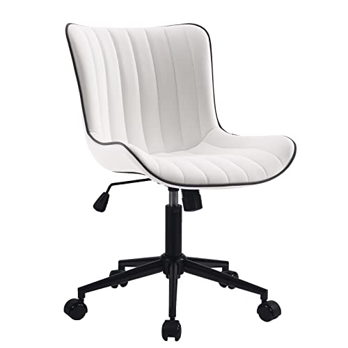Image of YOUNIKE Office Desk Chair with Wheels Armless Vanity Chair Modern White | Faux Leather Upholstered with Rocking Back, Swivel Height Adjustable Small Cute Computer Rolling Task Chair Ergonomic 300lb