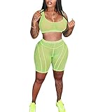 Women Sexy 2 Piece Outfits - See Through Mesh Sleeveless Crop Top + High Waisted Shorts Workout Set Yellow Green M