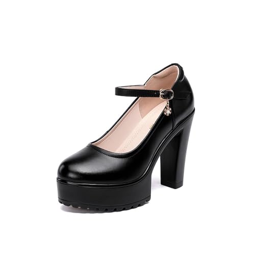 Women's Leather Platform Chunky High Heel Mary Janes Fashion Closed Round Toe Block Heels Nkle Strap Pumps for Office Party Wedding Dress Shoes