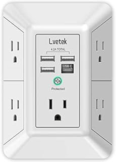 USB Wall Charger，LVETEK Surge Protector 5 Outlet Extender with 4 USB Ports (1 USB C Outlet) 3 Sided 1680J Power Strip Multi Plug Outlets Wall Adapter Spaced for Home Travel Office ETL Listed