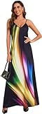 Picture of Women's Rainbow Printed Wave Cami Dresses Sleeveless V Neck Adjustable Draped Casual Long Colorful Sundresses with Pockets