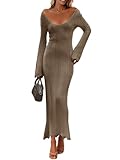 Saodimallsu Womens Crochet Maxi Dress Bell Long Sleeve Sexy V Neck Bodycon Backless Knit Dresses Beach Swim Cover Up Taupe