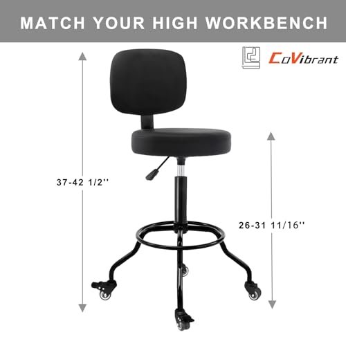 Heavy Duty Shop Stool with Ergonomic Backrest - Lockable Rubber Wheels & Adjustable Height, 360° Swivel, High Footrest for Garage Workshop Workbench, 350lbs Capacity (Black, 26"-31"')