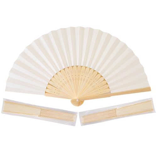 Sepwedd 50pcs Cream-Coloured Paper Hand Fan Bamboo Folding Handheld Paper Fan for Wedding Party and Home Decoration
