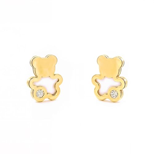Pendientes Oro Bebe o Niña oso nacar y circón (9kts) - Estuche Regalo - Certificado de Garantía - Mondepetit