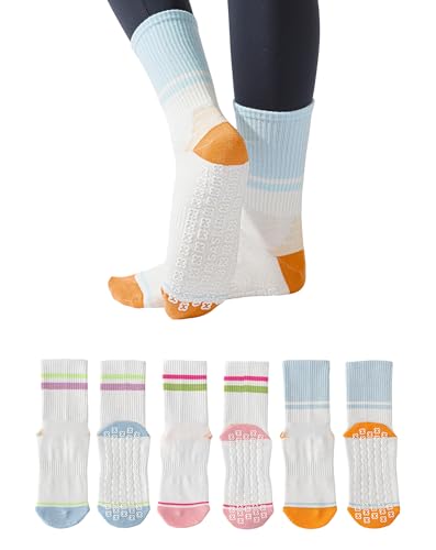 Image of Yawlsow Pilates Grip Socks for Women Yoga Grippy Striped Color-block Non Slip Socks Sticky Barre Workout Sock with Grippers