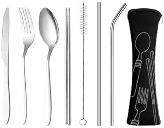 7 Piece Cutlery Set with 1 Piece Storage Zipper Bag, Stainless Steel Outdoor Travel Camping Knife Fork Spoon Chopsticks Straw Brush Straw, Picnic Office School Lunch Box Portable Set.