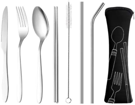 7 Piece Cutlery Set with 1 Piece Storage Zipper Bag, Stainless Steel Outdoor Travel Camping Knife Fork Spoon Chopsticks Straw Brush Straw, Picnic Office School Lunch Box Portable Set.