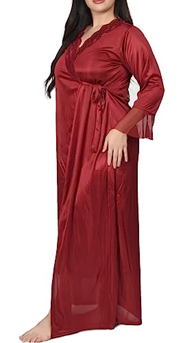 Image of Women's Satin Solid Maxi Nighty Full Sleeve 1 Nighty, 1 Wrap Gown Night Dress Ladies