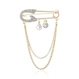 Fashion Safety Pin Brooch with Hanging Tassel Chains Charm Decorative Cubic Zirconia Crystal Pearl Collar Label Pins for Sweater Dress Skirt Tie Punk Accessories for Women Men Corsage Jewelry (Gold-Tone)