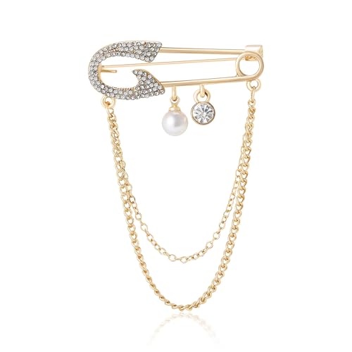 Fashion Safety Pin Brooch with Hanging Tassel Chains Charm Decorative Cubic Zirconia Crystal Pearl Collar Label Pins for Sweater Dress Skirt Tie Punk Accessories for Women Men Corsage Jewelry (Gold-Tone)