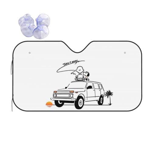 スヌーピー (5) サンシェード 車 フロント フロントサンシェード 遮光 UVカット 断熱 劣化防止 吸盤2個付 簡単着脱 コンパクト収納 76cm x 140cm