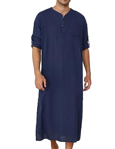 TURETRENDY Men's Linen Kaftan Thobe Long Sleeve Robe Gown Casual Longline T Shirts with Pocket Navy Blue S
