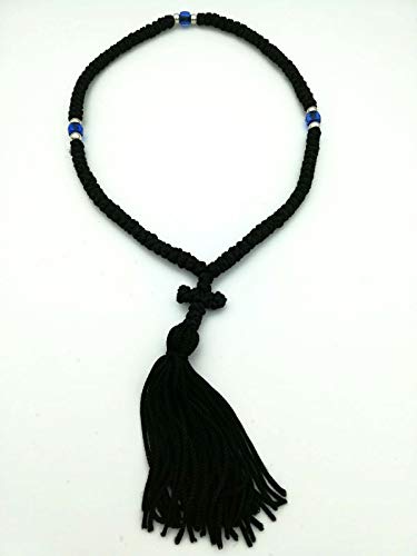 Blessed Handmade 100 Knots Prayer Rope Greek Russian Komboskoini Christian Orthodox Black With Blue Beads from Mt Athos Fragrance With Holy (Chrism- Myrrh)
