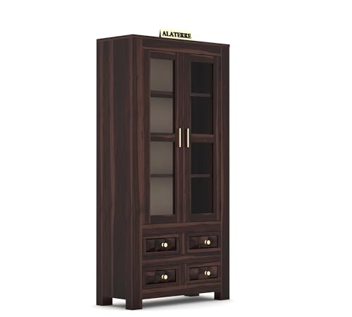 Image of Wood Book Shelf with Glass Door, Wooden Bookshelf for Home Library, Kitchen Crockery Cabinet, Study Room Furniture, Books Rack, Bookcases, Walnut Finish