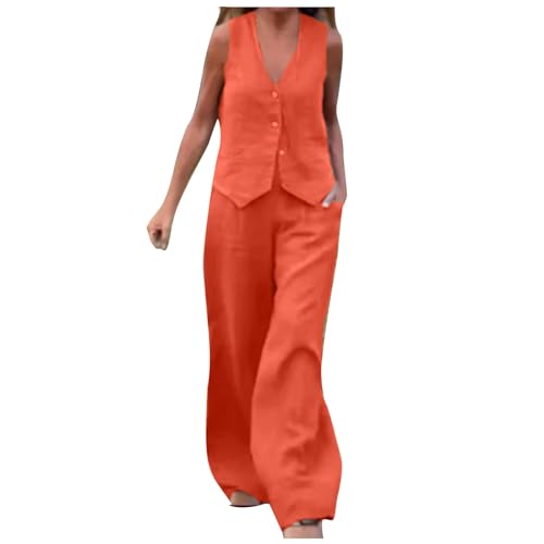 Women's 2 Piece Cotton Linen Outfits Fashion V Neck Button Down Vest and Wide Leg Long Pants with Pocket Lounge Sets