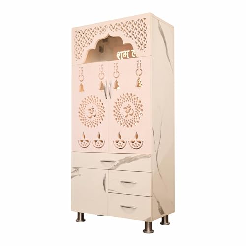 SHLOK Home Temple with Doors and Inbuilt LED Light Engineered Wood (Height: 130, Pre-Assembled)