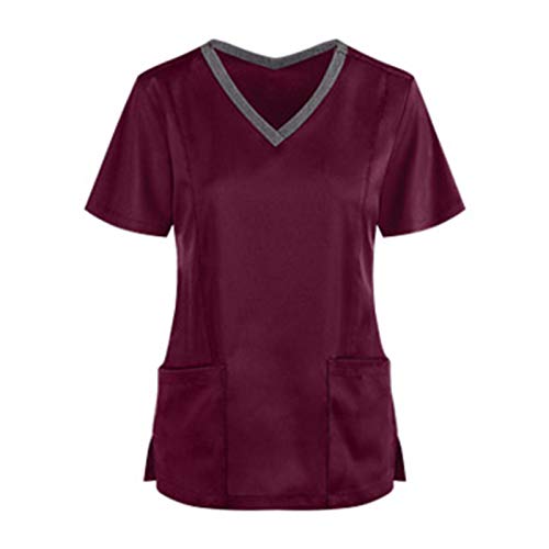YOKWI Solid Color Women Medical Nurse Working Uniforms V Neck Short Sleeve Medical Shirts Pockets Healthcare T-Shirt Clinic Maid Pullover Blouse Casual Scrubs_Tops Worker Nursing Uniform Brown S