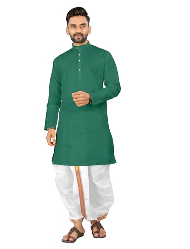 Image of UNIQUE MOMENTS Men's Cotton Dhoti Kurta Set with Full Sleeves Solid Pattern Modern Style and Mandarin Collar Neck | Perfect for Puja & Celebrations