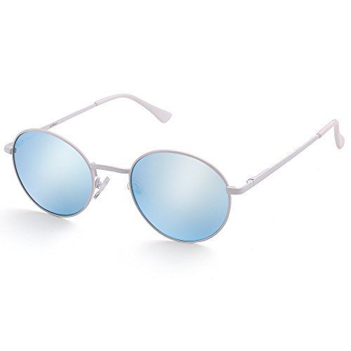 LotFancy Round Mirrored Sunglasses for Kids Boys Girls with Case, Hippie Steampunk Eyewear for Age 3-12, UV400 Protection, 51MM, Silver Mirrored Blue Lens, White Metal Frame