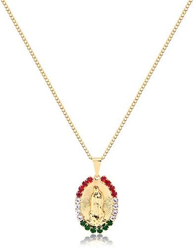 AMA 18K Gold-Plated Guadalupe Pendant Choker with Swarovski - 18-Inch Adjustable Golden Chain with Red, Green, White Crystal-Encrusted Virgin Mary Piece - Hypoallergenic Religious Jewelry for Women