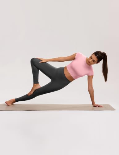 Image of ENERBLOOM Workout Crop Tops for Women Yoga Short Sleeve Removable Bra | Slim Fit, Mild Support, Crop T-Shirt, Mock Neck, Soft Comfort, High-Stretch, for Yoga,Gym & Daily Wear