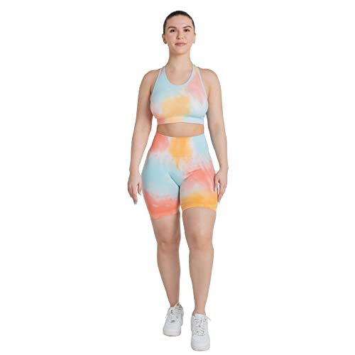 Maxxim Tie Dye Workout Outfits For Women 2 Piece Seamless High Waist Shorts With Sports Bra Set Orange Sunrise Medium #TOP2