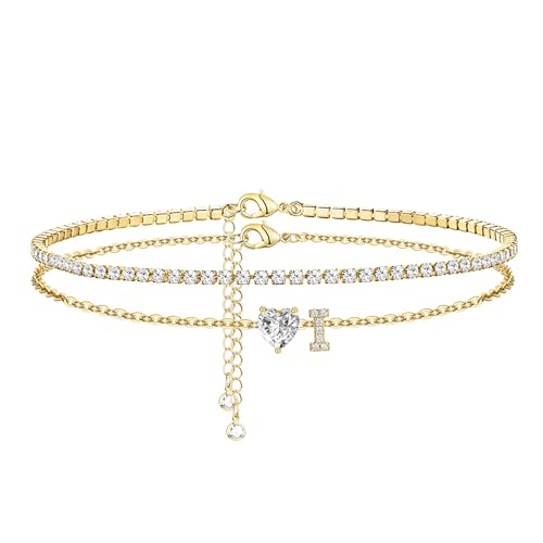 Image of Gold Initial Ankle Bracelets for Women 14K Gold Plated CZ heart Tennis Anklets for Women Waterproof Layered Adjustable Letter Anklets Large Ankle Summer Beach Foot Jewelry
