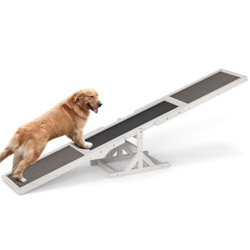 COSTWAY Hundewippe Holz, Hunde Agility Wippe, Outdoor Hundesport für Balance-Training, für kleine & große Hunde bis 60 kg, wetterfestes Spielset, 179 x 30 x 55 cm (Weiß)