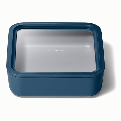 Caraway Glass Food Storage, 10 Cup Glass Container,Ceramic Coated Food Container,Easy to Store, Non Toxic, Non Stick Lunch Box Container with Glass Lids. Dishwasher, Oven,Square Shape,Navy