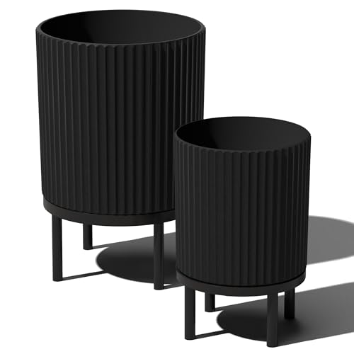 Image of Veradek Demi Series Raised Duo Planters - Set of 2 Planters with Stands | Made From a Durable Plastic-Stone Composite & Comes With Wooden Stand. Modern Porch /Patio Decor