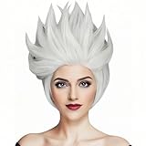 ANOGOL Hair Cap+Short Layered White with Slightly Grey Wig for Women Short White Sea Witch Wig Anime Cosplay Mad Scientist Hair for Halloween Party Cosplay Peluca Blanca para Adult