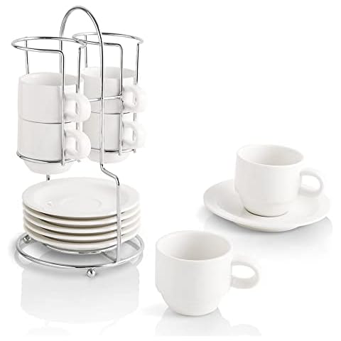 Ronnior Set of 6 Espresso Cups Modern Stackable Ceramic Espresso Coffee Cups 75 ml Espresso Cups Coffee Cups Set with Saucer and Metal Stand for Espresso and Tea (White) Cover