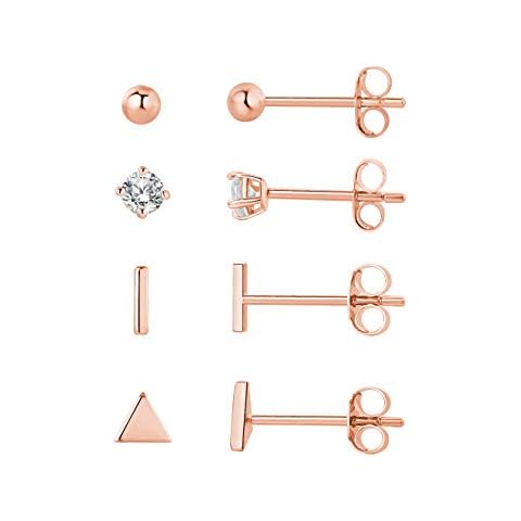 Sterling Silver Stud Earrings,4 Pairs Small Silver Ball Earrings Triangle Stud Earrings Round CZ Earrings Bar Earrings Set Hypoallergenic Studs Cartilage 14K Earrings(3mm2&5mm2), Metal, Cubic Zirconia Cover
